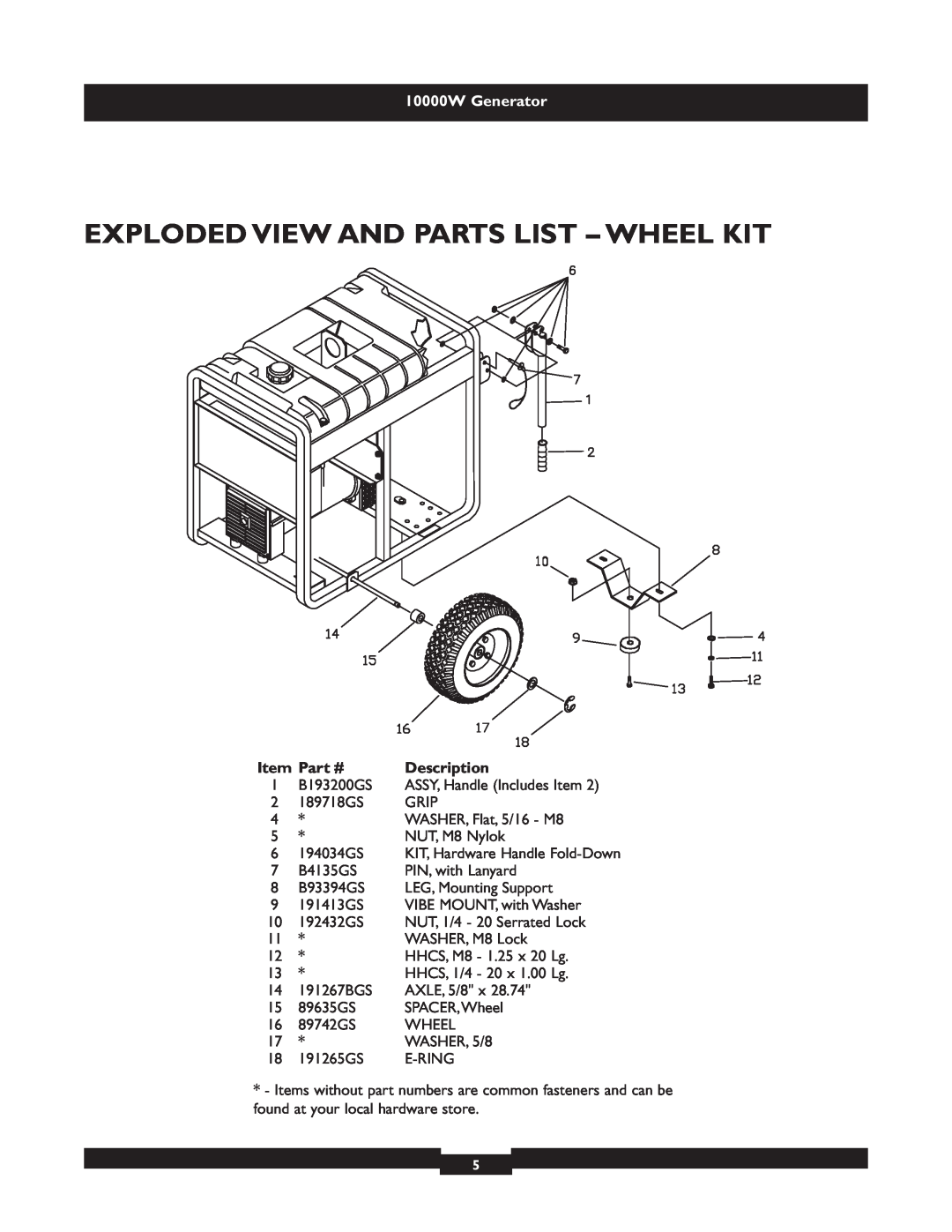 Briggs & Stratton 9801 manual Exploded View And Parts List - Wheel Kit, 10000W Generator, Description 