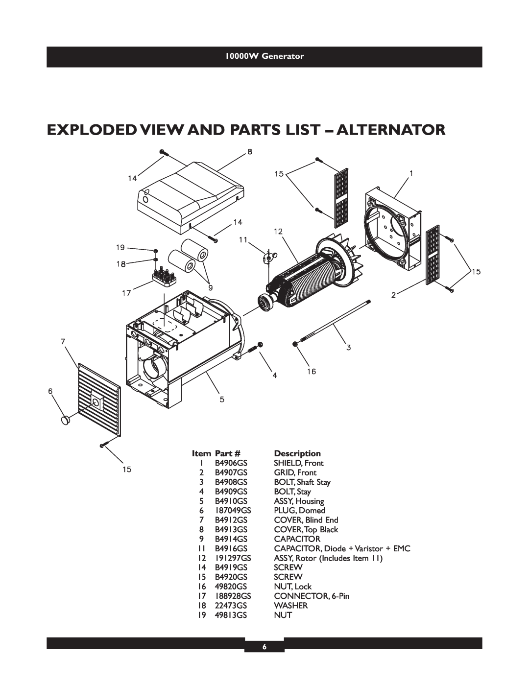 Briggs & Stratton 9801 manual Exploded View And Parts List - Alternator, 10000W Generator, Description 