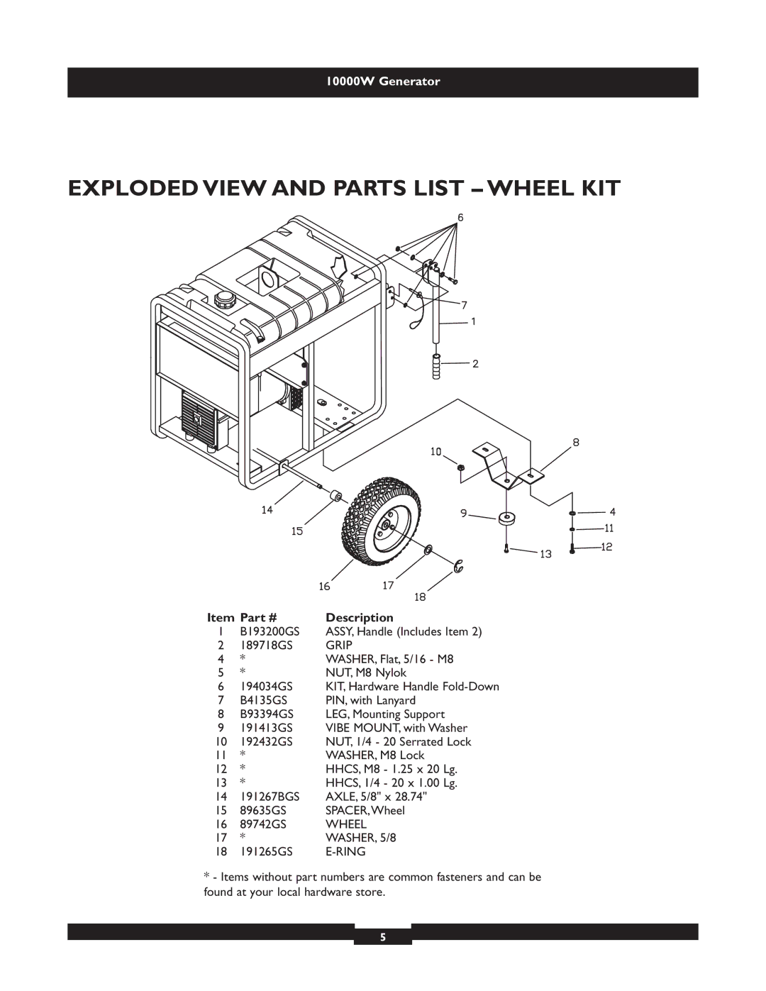 Briggs & Stratton 9801 manual Exploded View and Parts List Wheel KIT, WASHER, 5/8, Ring 