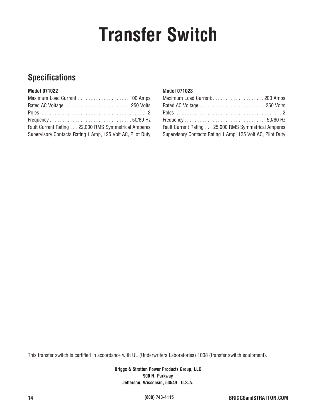 Briggs & Stratton Automatic Transfer Switch manual Specifications, Model, Amps, Rated AC Voltage Volts 