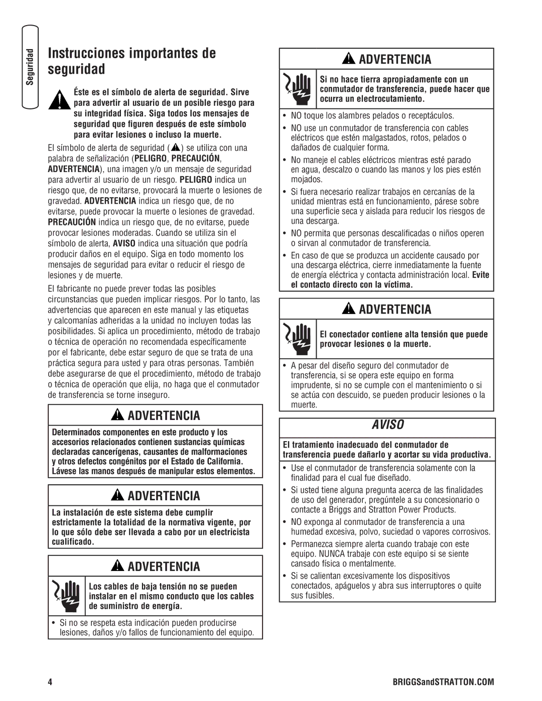 Briggs & Stratton Automatic Transfer Switch manual Instrucciones importantes de seguridad 