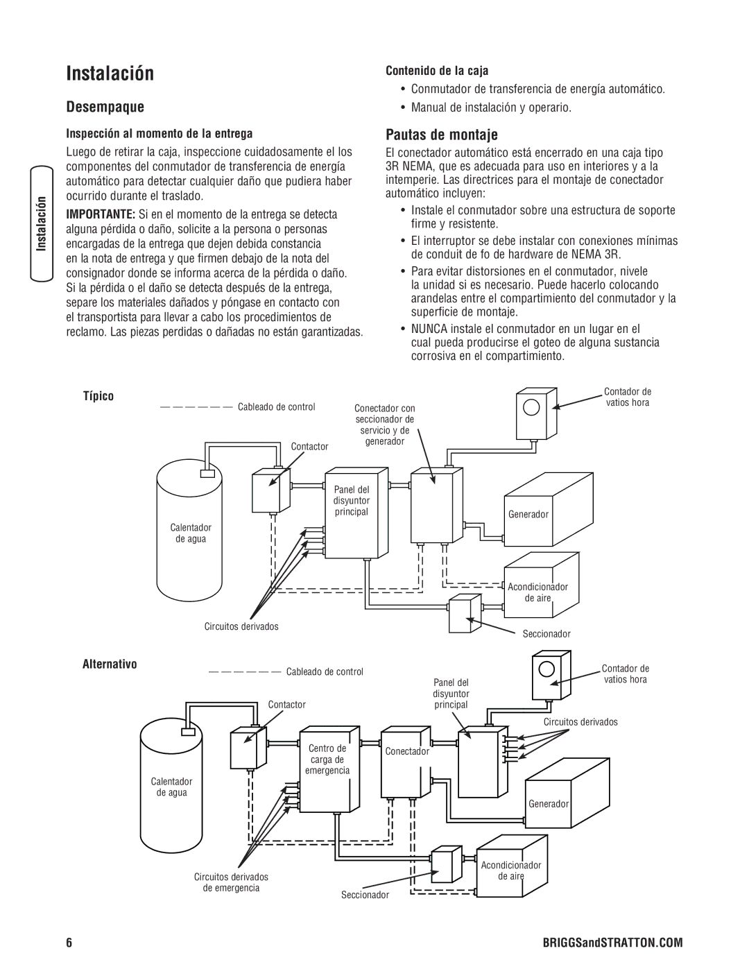 Briggs & Stratton Automatic Transfer Switch manual Instalación, Desempaque, Pautas de montaje 