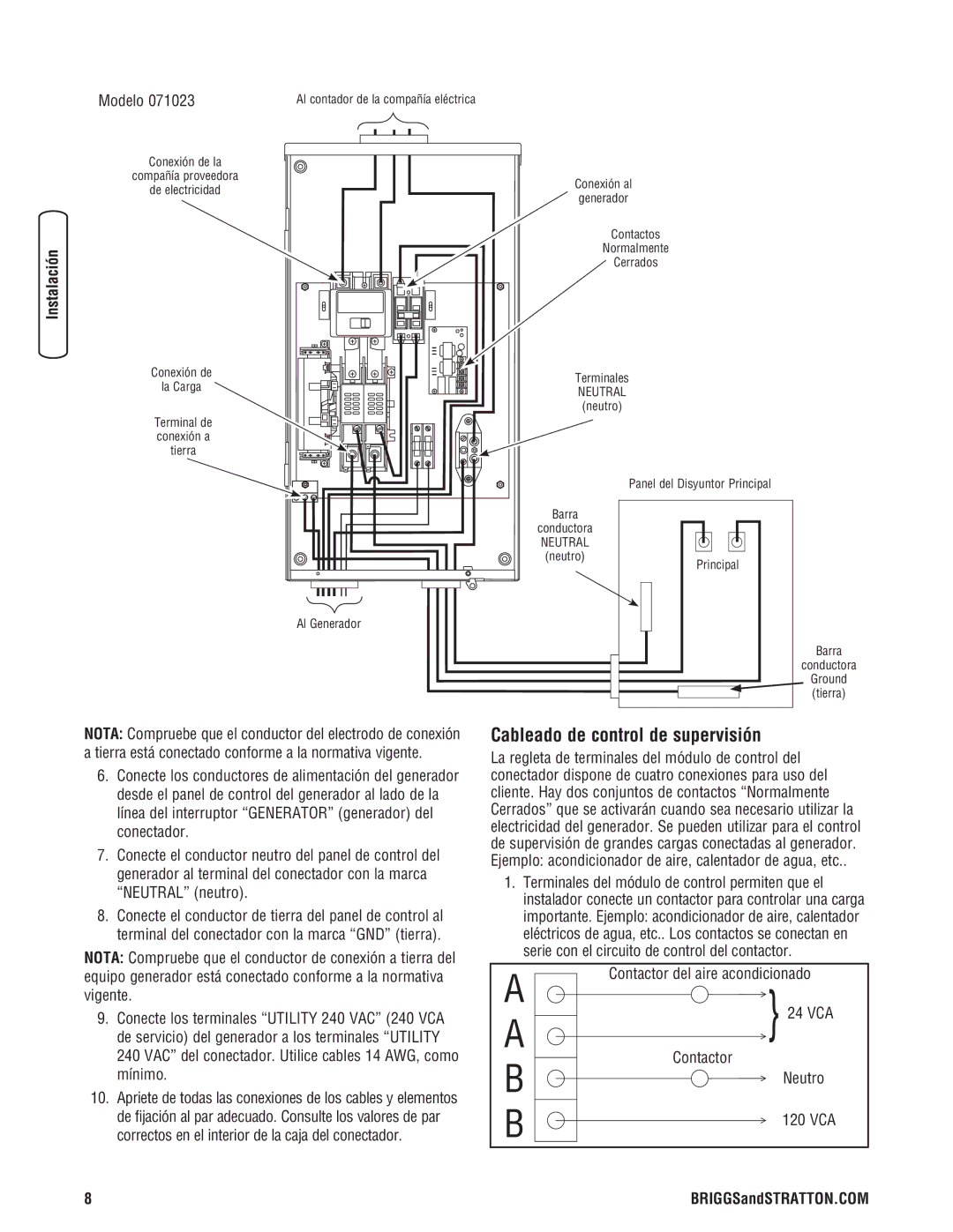 Briggs & Stratton Automatic Transfer Switch Cableado de control de supervisión, Contactor del aire acondicionado, Neutro 