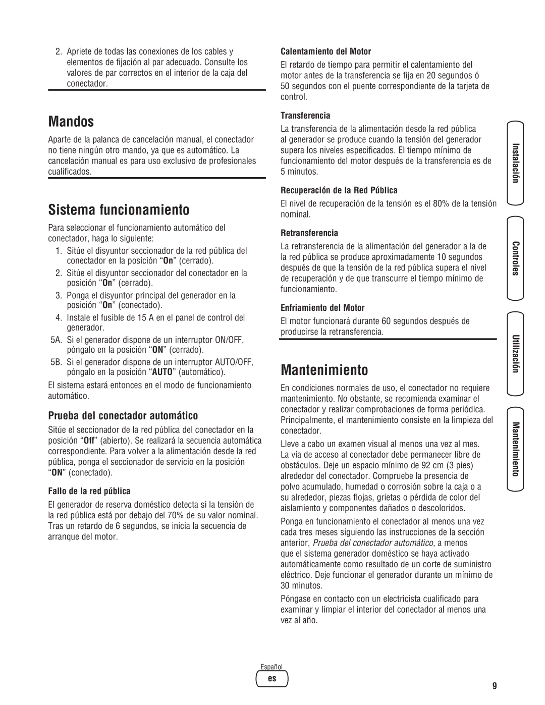 Briggs & Stratton Automatic Transfer Switch manual Mandos, Sistema funcionamiento, Mantenimiento 