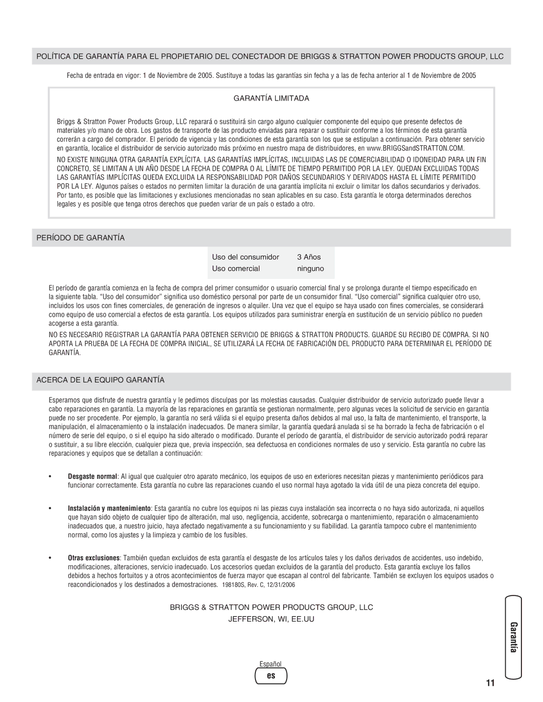 Briggs & Stratton Automatic Transfer Switch manual Garantía Limitada 