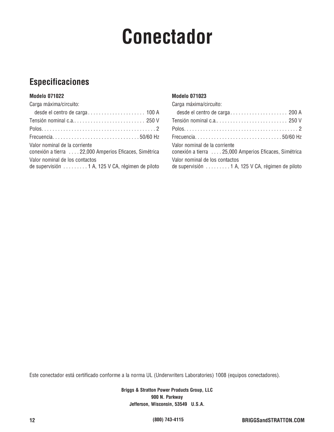 Briggs & Stratton Automatic Transfer Switch manual Especificaciones, Modelo 