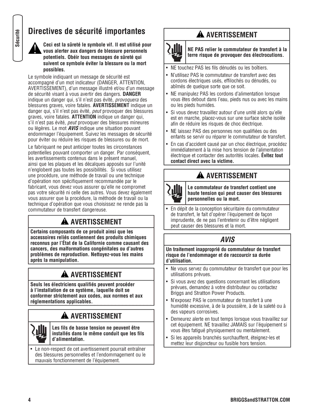 Briggs & Stratton Automatic Transfer Switch manual Directives de sécurité importantes 