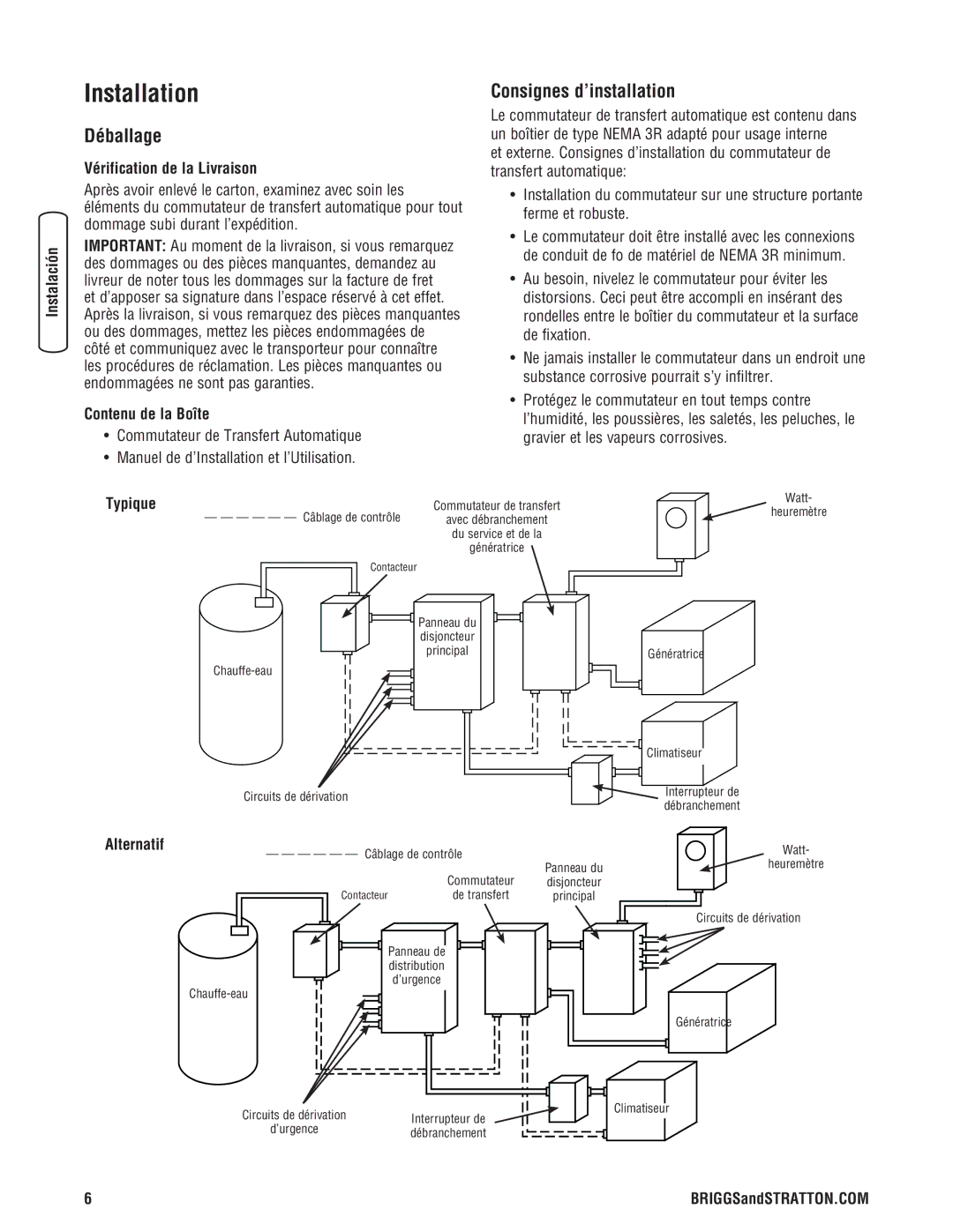 Briggs & Stratton Automatic Transfer Switch manual Déballage, Consignes d’installation 