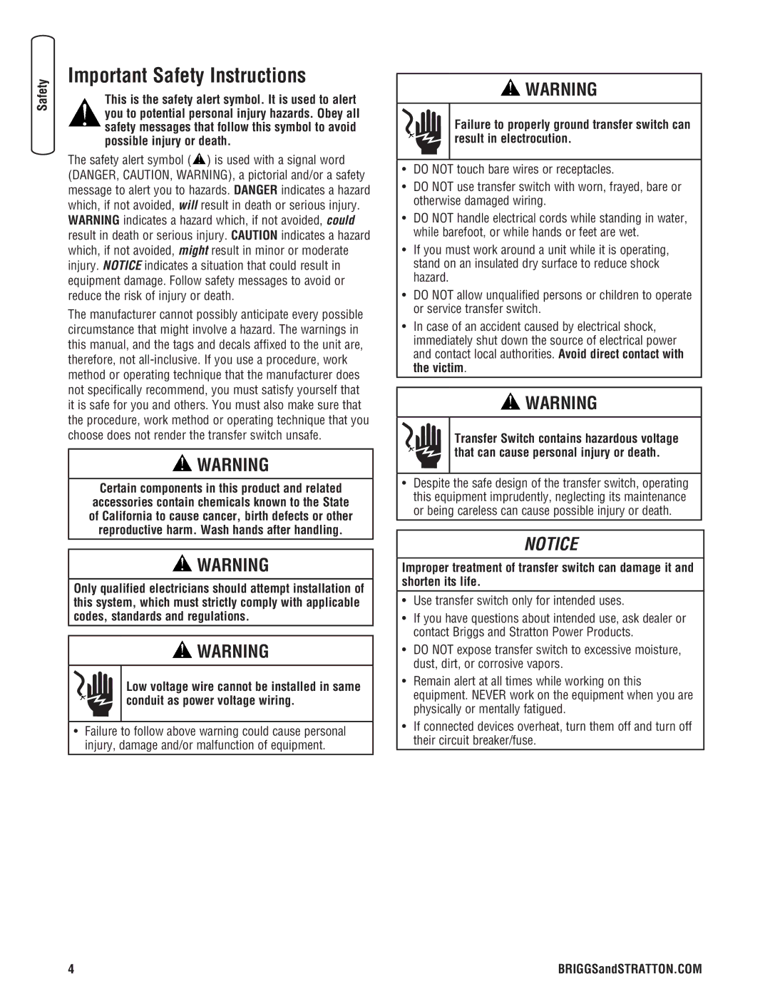 Briggs & Stratton Automatic Transfer Switch Important Safety Instructions, Use transfer switch only for intended uses 