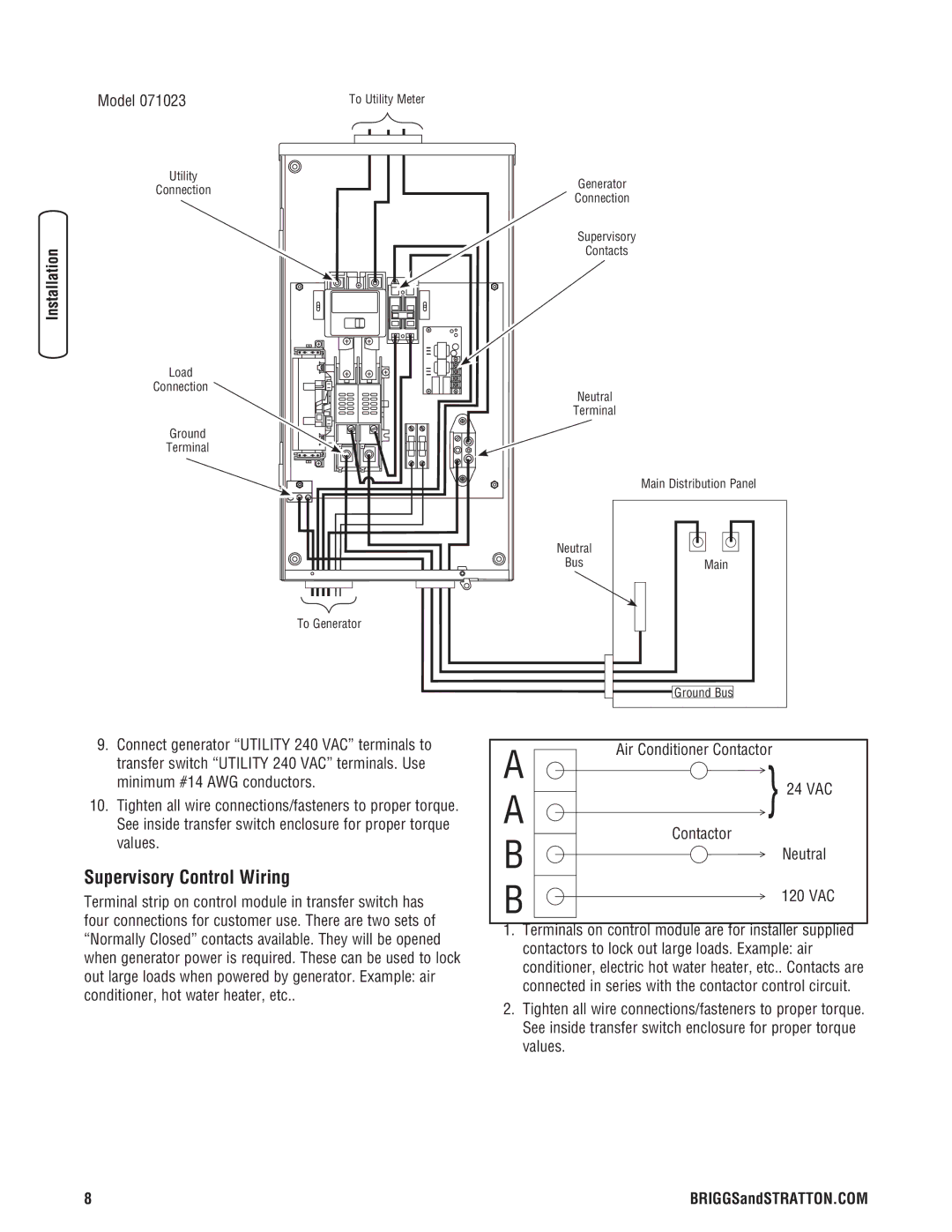 Briggs & Stratton Automatic Transfer Switch manual Supervisory Control Wiring, Air Conditioner Contactor, Neutral 