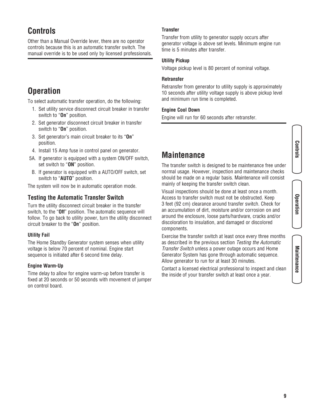 Briggs & Stratton manual Controls, Operation, Maintenance, Testing the Automatic Transfer Switch 