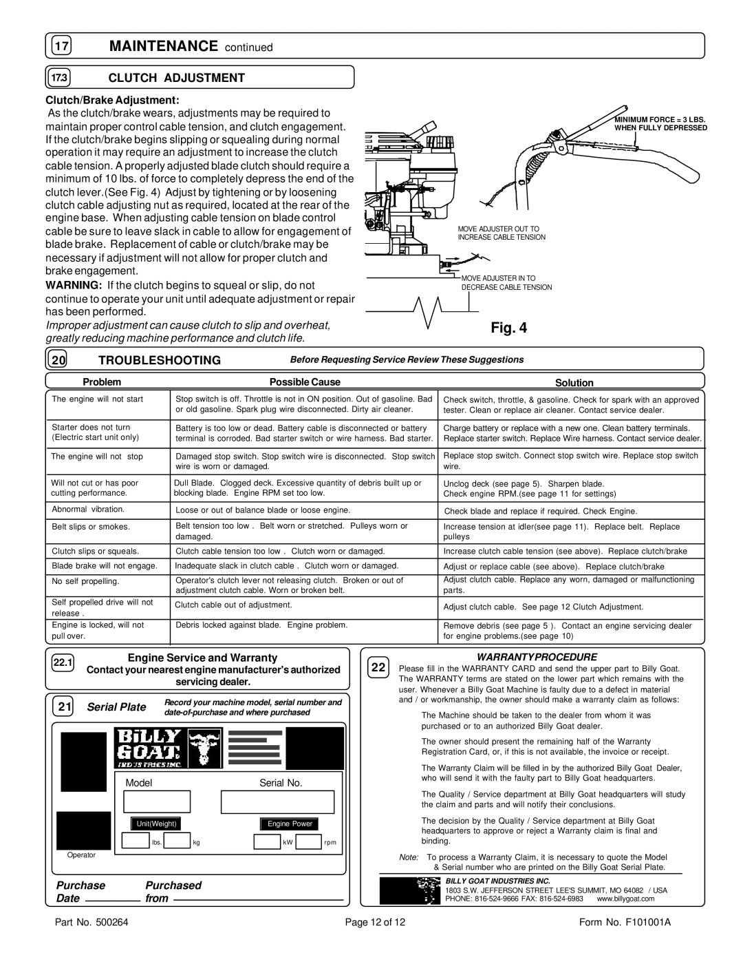 Briggs & Stratton BC2401IC, BC2401HE owner manual Clutch Adjustment, Troubleshooting 