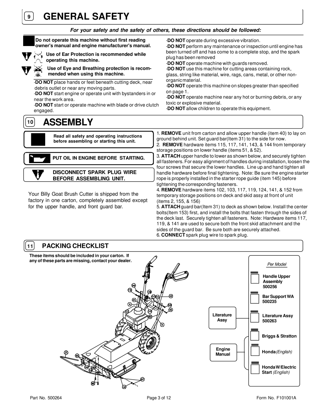 Briggs & Stratton BC2401IC, BC2401HE owner manual General Safety, Disconnect Spark Plug Wire Before Assembling Unit 