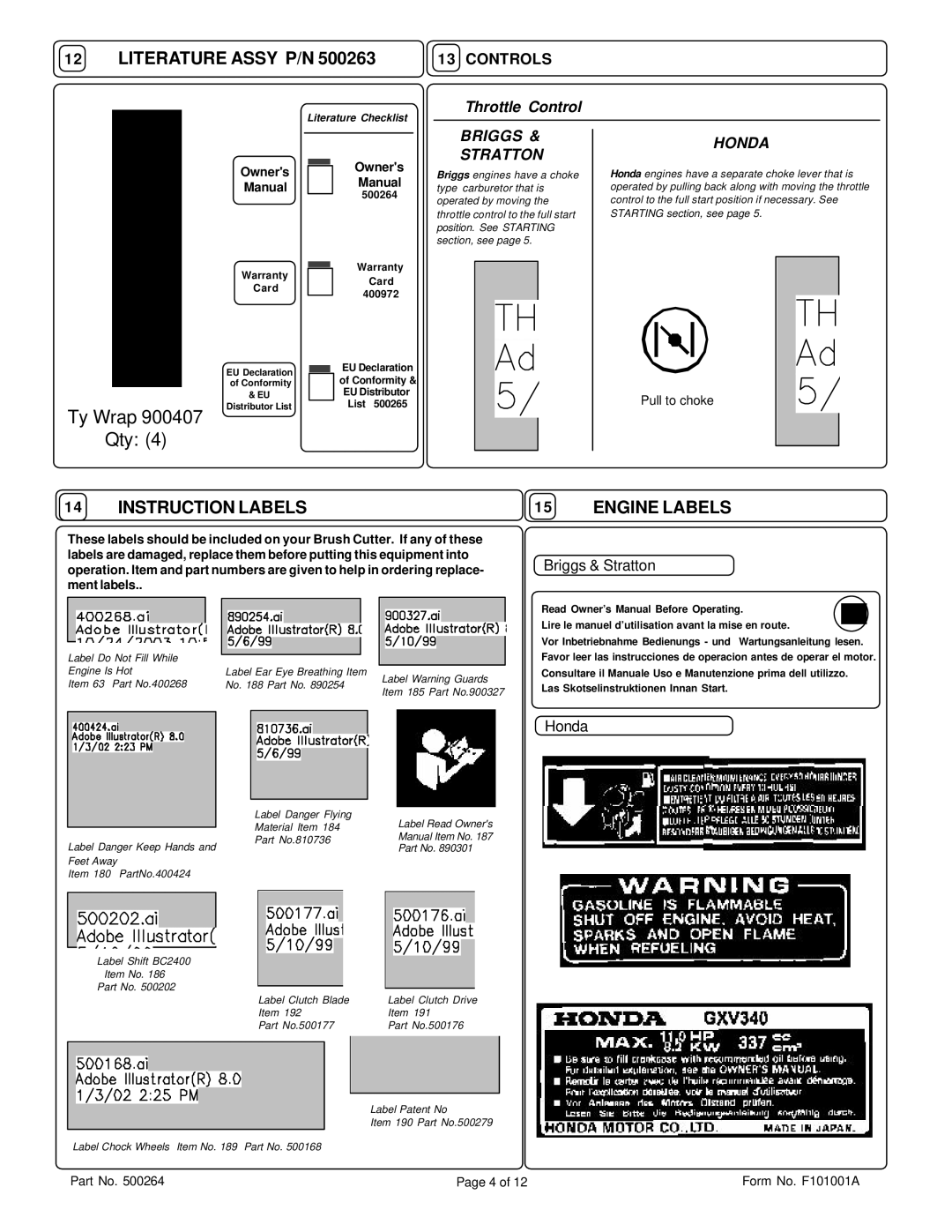 Briggs & Stratton BC2401HE, BC2401IC owner manual Literature Assy P/N, Instruction Labels, Engine Labels, Controls 