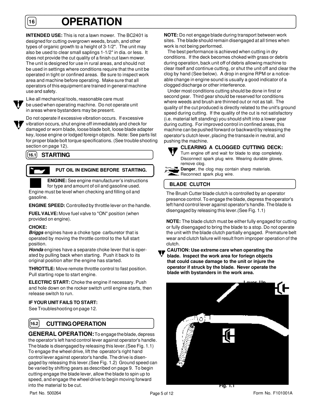 Briggs & Stratton BC2401IC, BC2401HE Starting, Cutting Operation, Clearing a Clogged Cutting Deck, Blade Clutch 