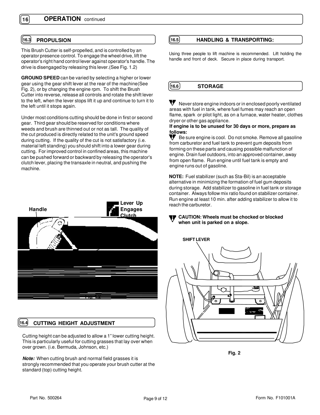 Briggs & Stratton BC2401IC, BC2401HE owner manual Propulsion, Cutting Height Adjustment, Handling & Transporting, Storage 