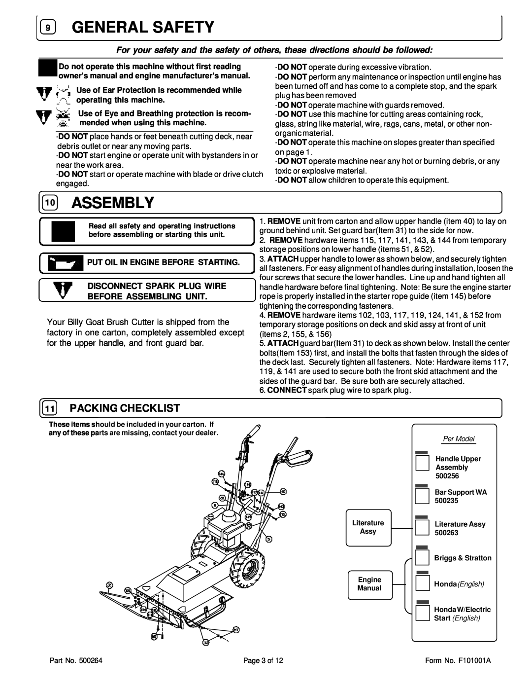 Briggs & Stratton BC2401IC General Safety, Assembly, Packing Checklist, Disconnect Spark Plug Wire Before Assembling Unit 