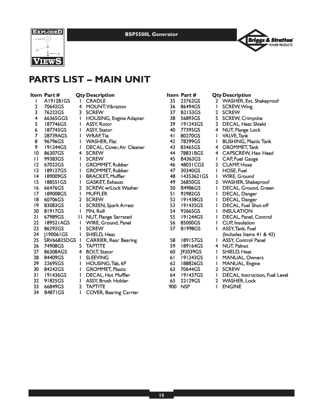 Briggs & Stratton bsp5500l owner manual Parts List - Main Unit, BSP5500L Generator, Qty Description 