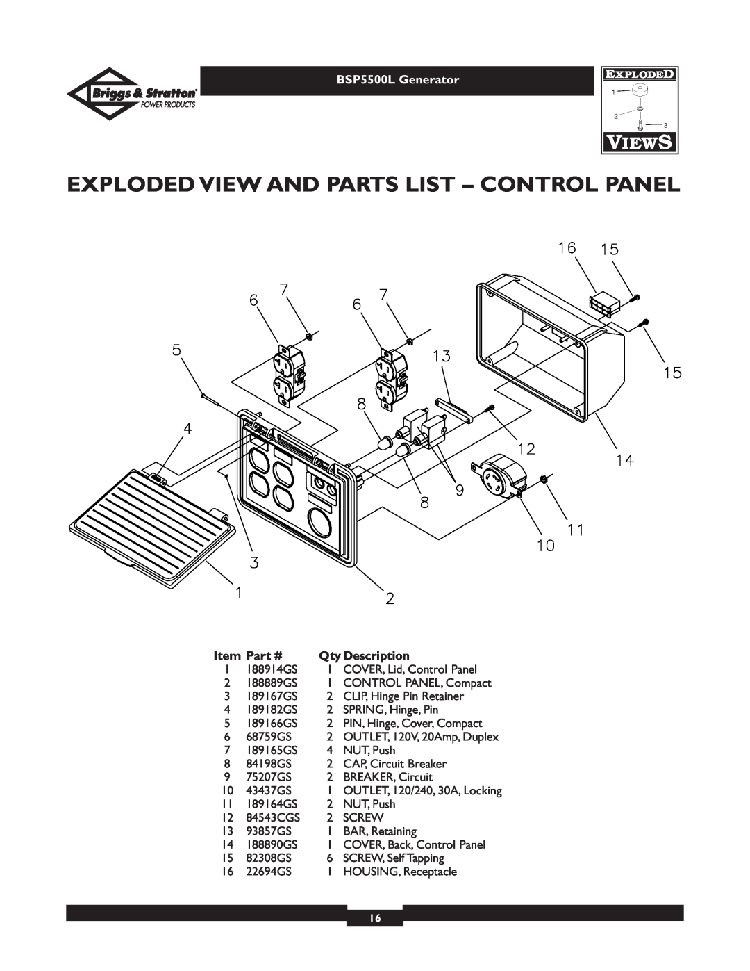 Briggs & Stratton bsp5500l owner manual Exploded View And Parts List - Control Panel, BSP5500L Generator 