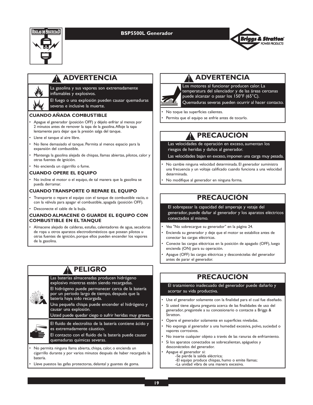 Briggs & Stratton bsp5500l owner manual Precaución, Advertencia, Peligro, BSP5500L Generador 