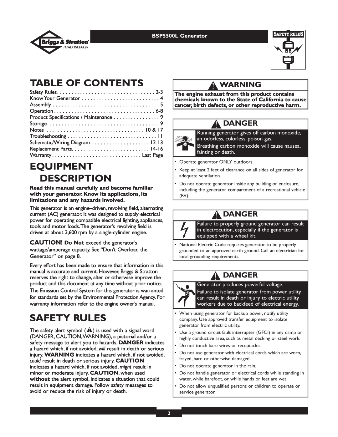 Briggs & Stratton bsp5500l owner manual Table Of Contents, Equipment Description, Safety Rules, Danger, BSP5500L Generator 