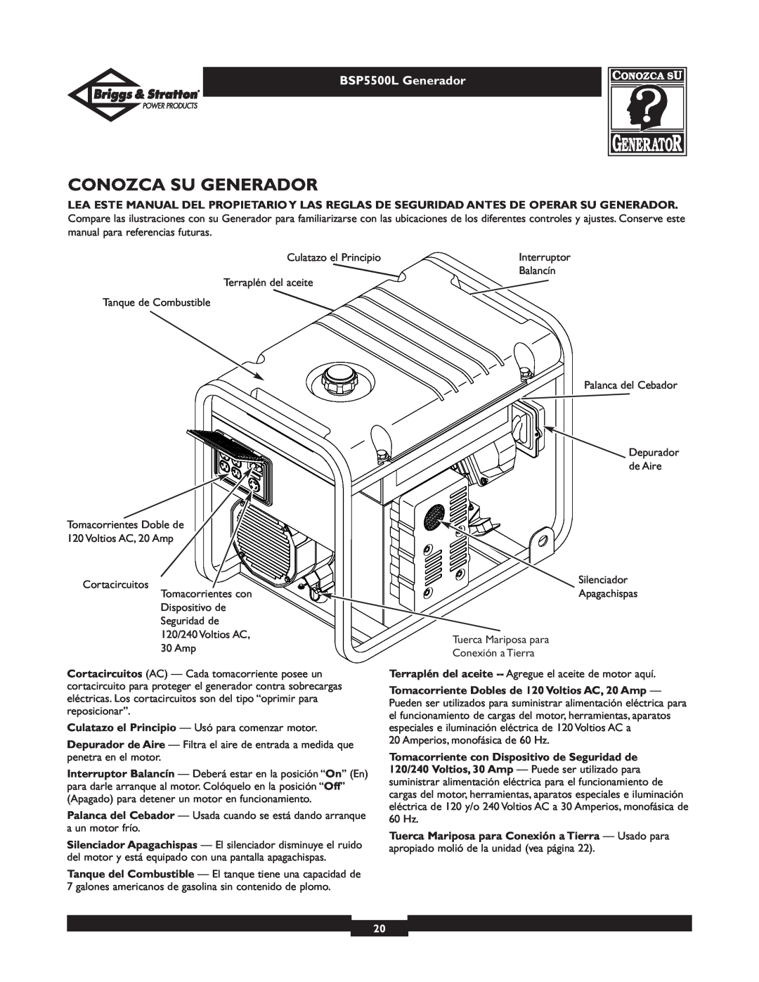 Briggs & Stratton bsp5500l owner manual Conozca Su Generador, BSP5500L Generador 