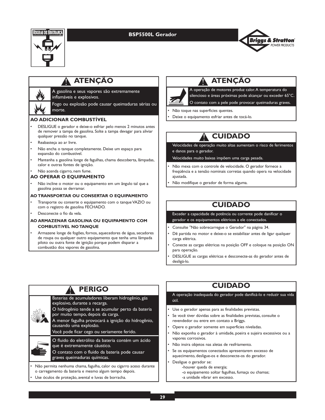 Briggs & Stratton bsp5500l owner manual Cuidado, Atenção, Perigo, BSP5500L Gerador 