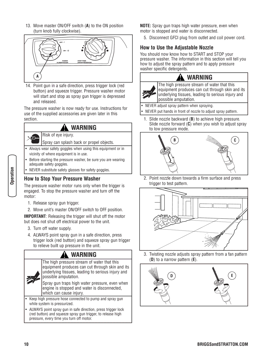 Briggs & Stratton Electric Pressure Washer manual How to Stop Your Pressure Washer, How to Use the Adjustable Nozzle 