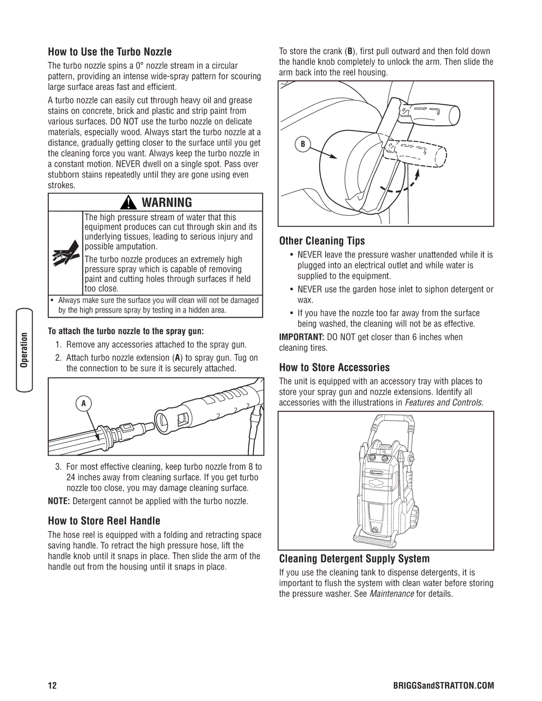 Briggs & Stratton Electric Pressure Washer How to Use the Turbo Nozzle, How to Store Reel Handle, Other Cleaning Tips 