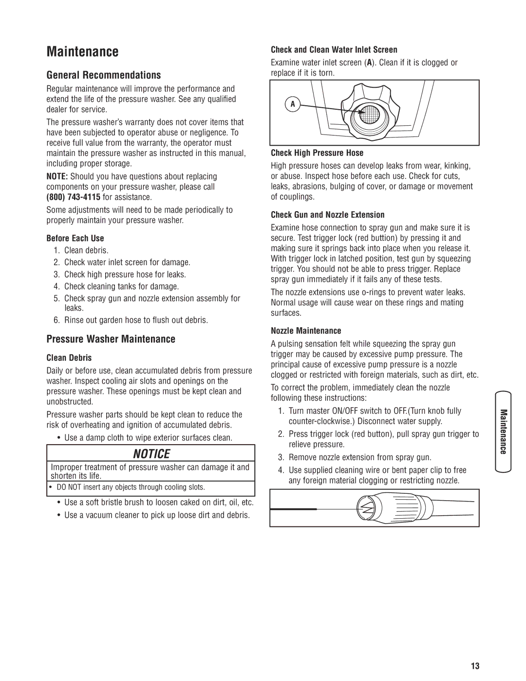 Briggs & Stratton Electric Pressure Washer manual General Recommendations, Pressure Washer Maintenance 