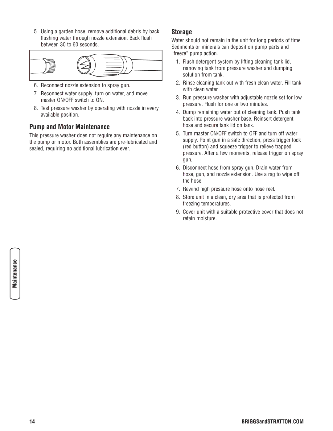 Briggs & Stratton Electric Pressure Washer manual Pump and Motor Maintenance, Storage 