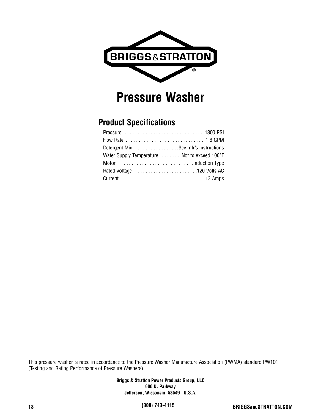 Briggs & Stratton Electric Pressure Washer manual Product Specifications, 800 