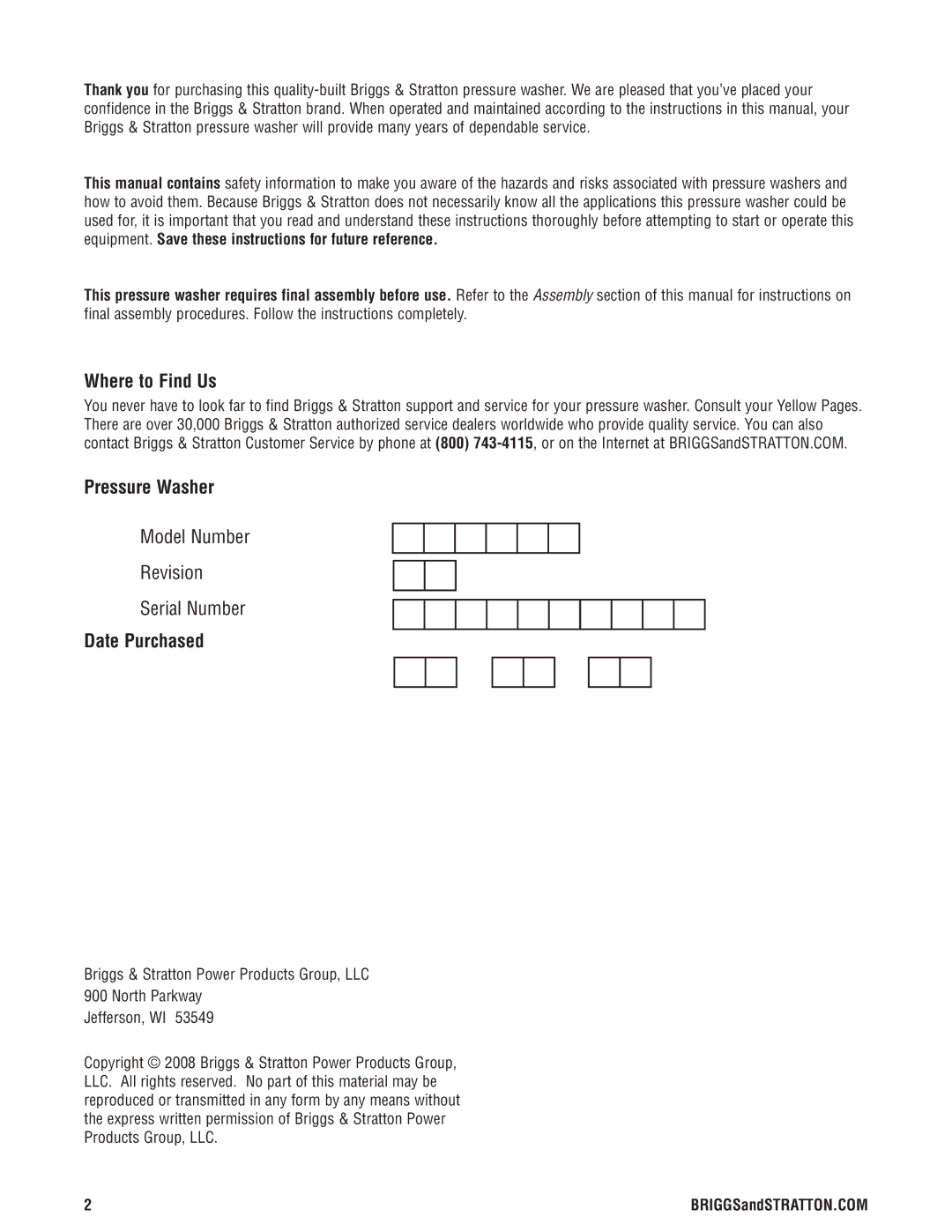 Briggs & Stratton Electric Pressure Washer manual Where to Find Us, Date Purchased 