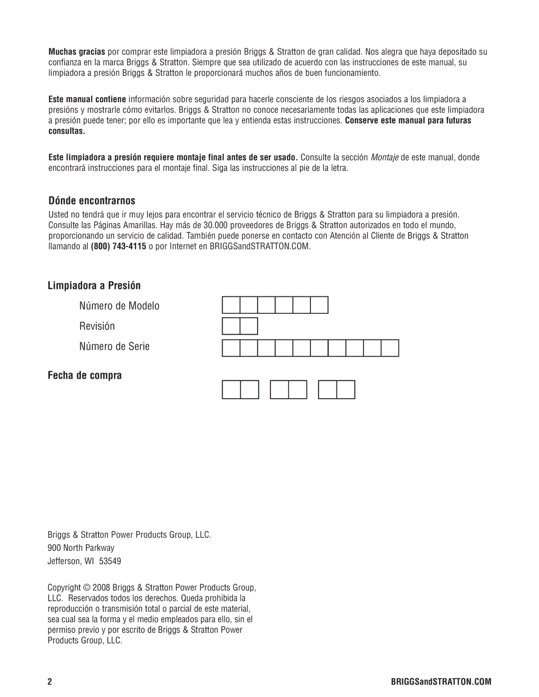 Briggs & Stratton Electric Pressure Washer manual Dónde encontrarnos, Limpiadora a Presión, Fecha de compra 