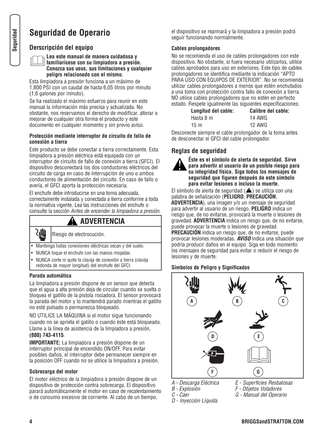 Briggs & Stratton Electric Pressure Washer manual Seguridad de Operario, Derscripción del equipo, Reglas de seguridad 