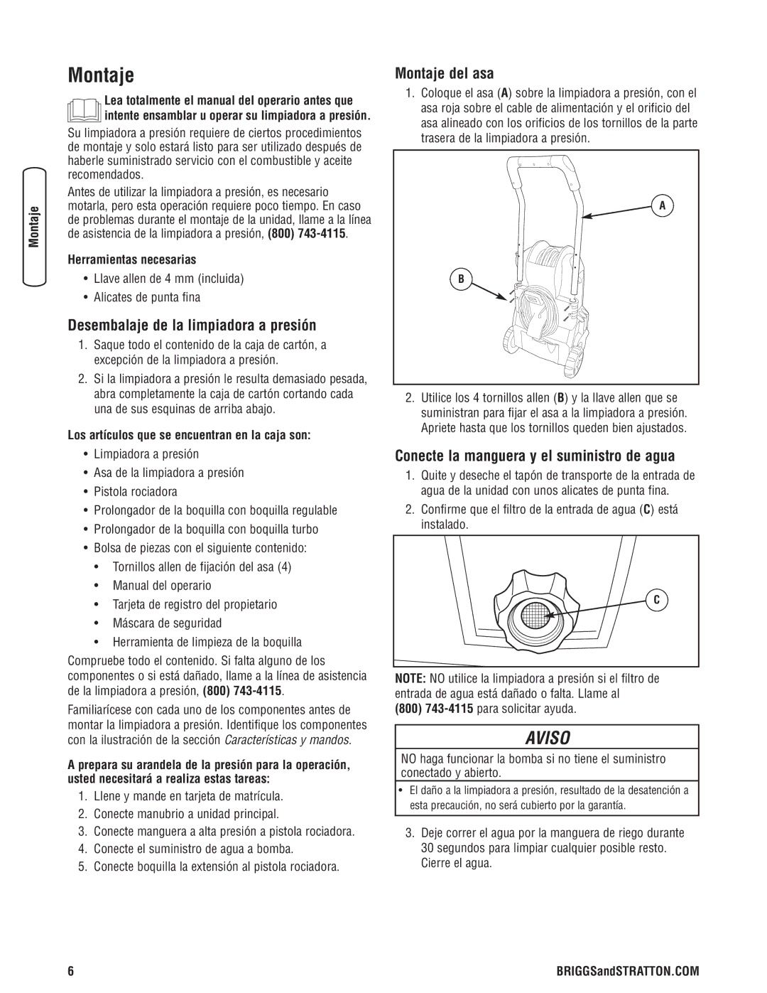 Briggs & Stratton Electric Pressure Washer manual Desembalaje de la limpiadora a presión, Montaje del asa 