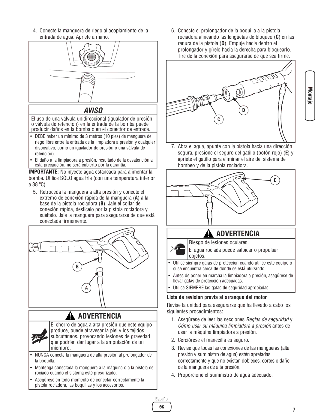 Briggs & Stratton Electric Pressure Washer manual Lista de revision previa al arranque del motor 