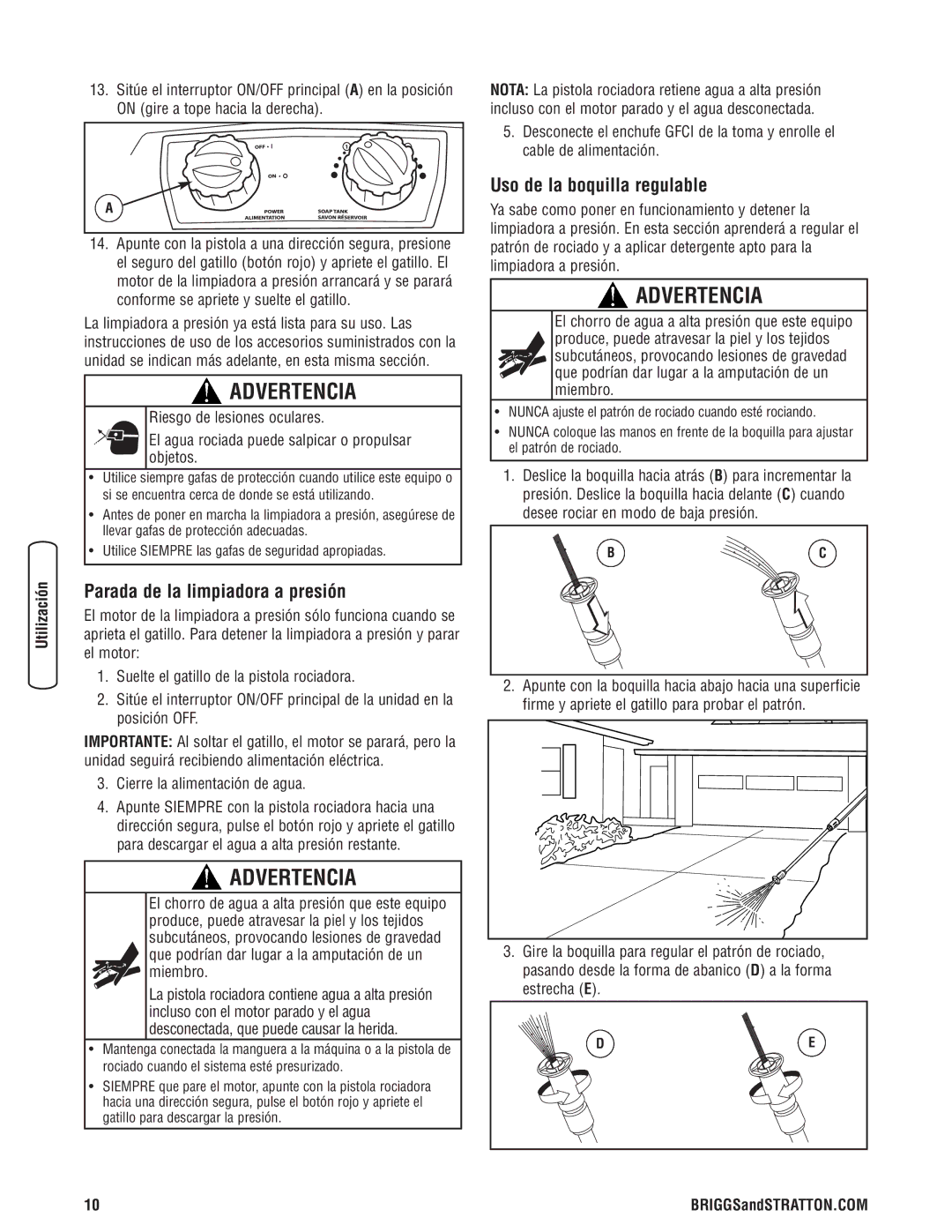 Briggs & Stratton Electric Pressure Washer manual Parada de la limpiadora a presión, Uso de la boquilla regulable 