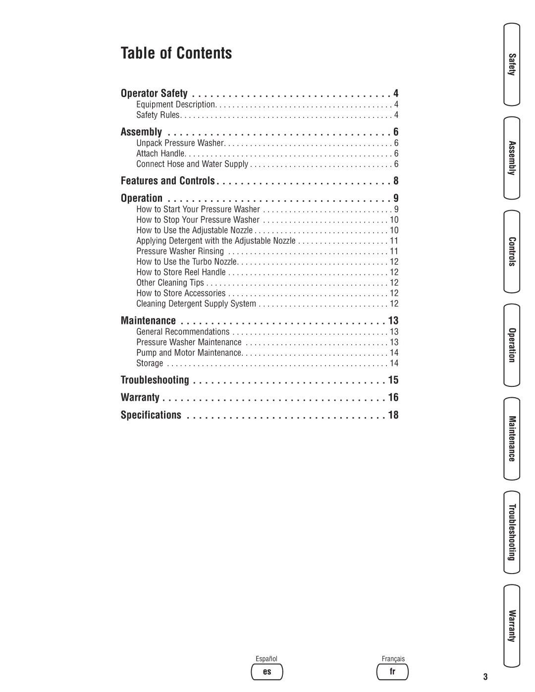 Briggs & Stratton Electric Pressure Washer manual Table of Contents 