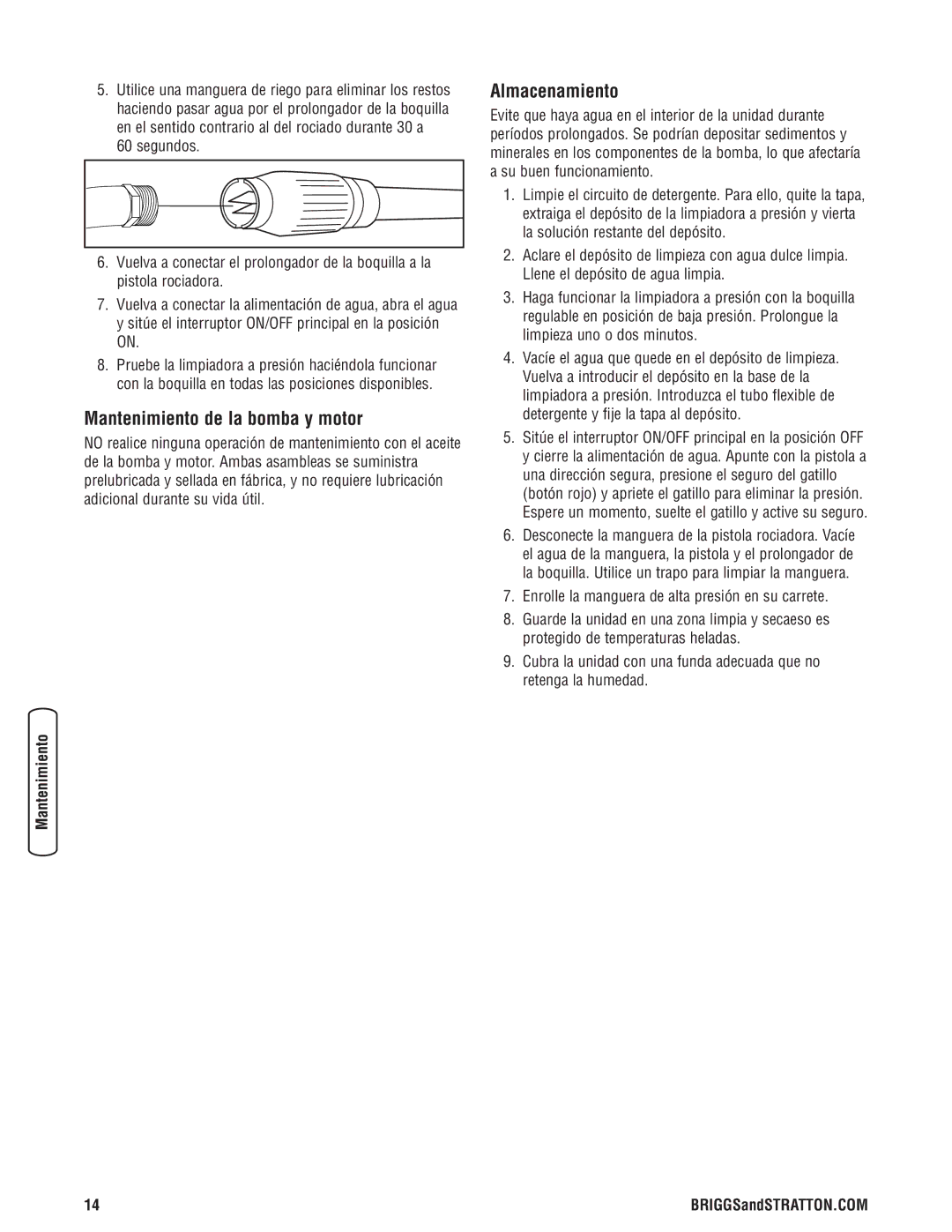 Briggs & Stratton Electric Pressure Washer manual Mantenimiento de la bomba y motor, Almacenamiento 