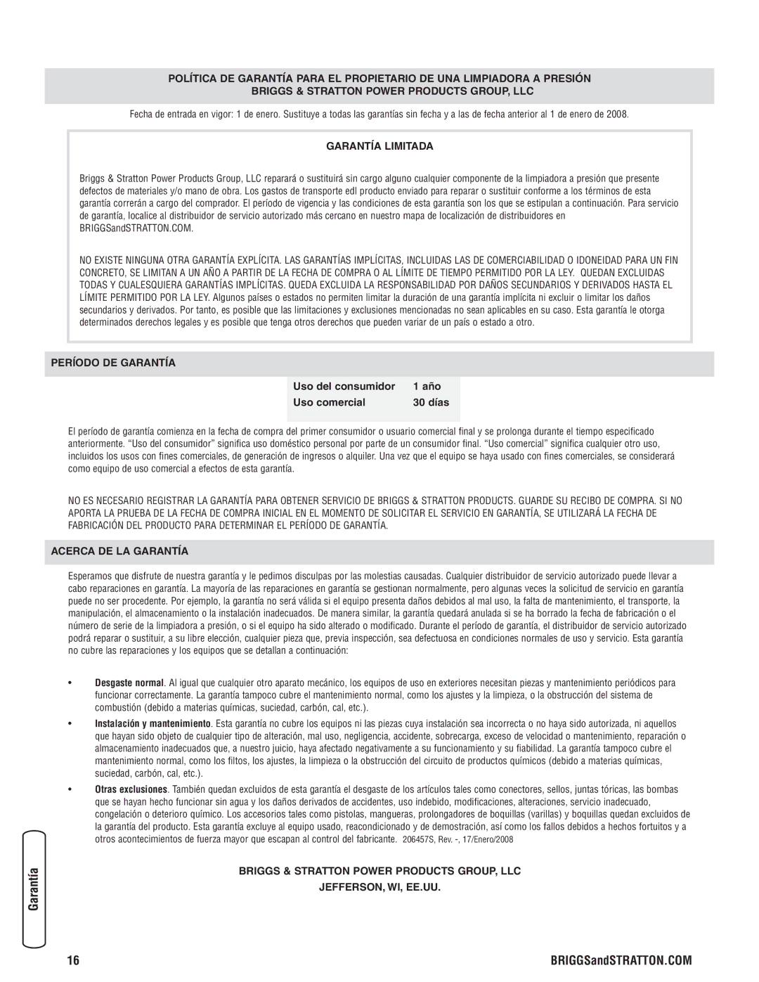 Briggs & Stratton Electric Pressure Washer manual Garantía Limitada 