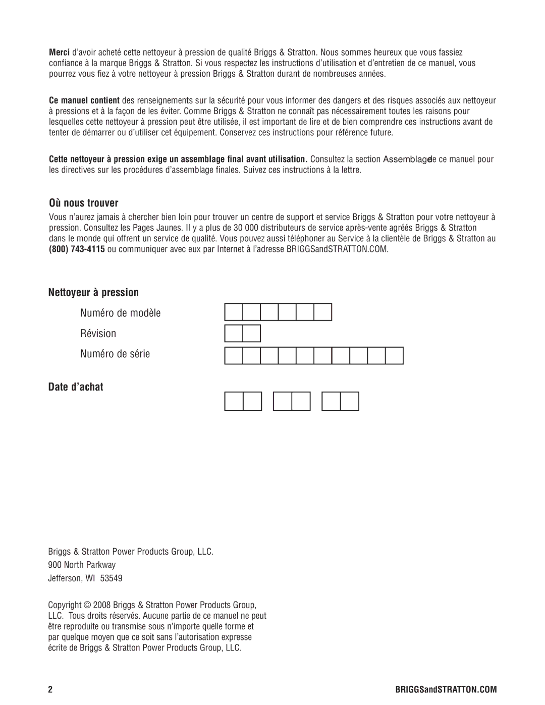 Briggs & Stratton Electric Pressure Washer manual Où nous trouver, Nettoyeur à pression, Date d’achat 