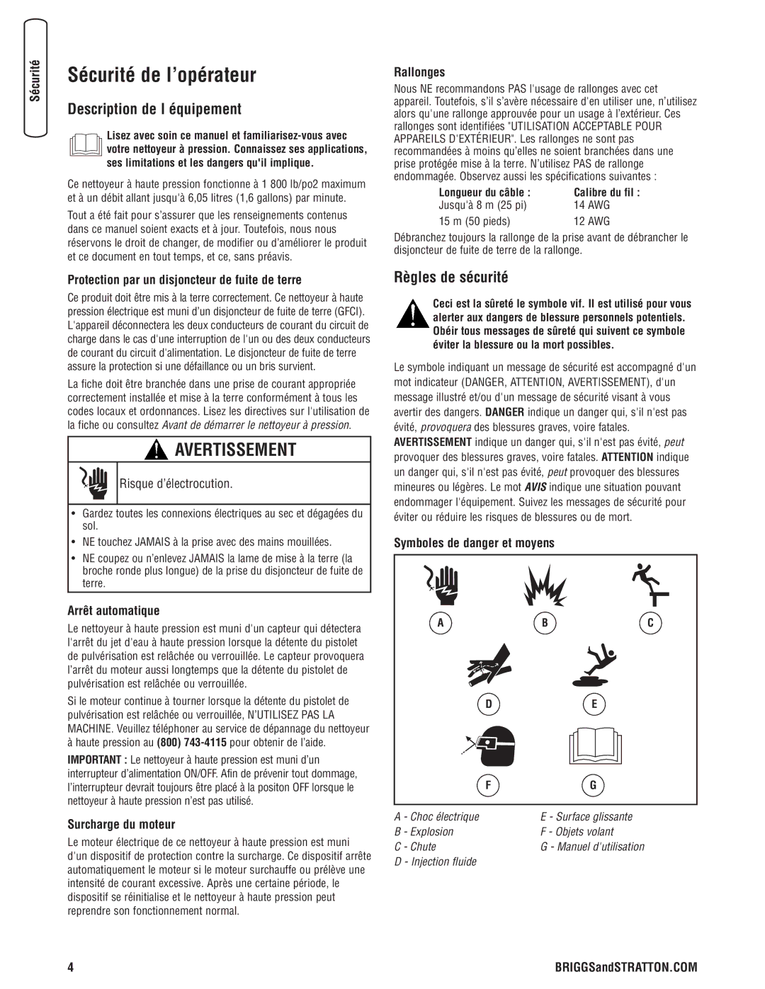 Briggs & Stratton Electric Pressure Washer manual Sécurité de l’opérateur, Description de l équipement, Règles de sécurité 