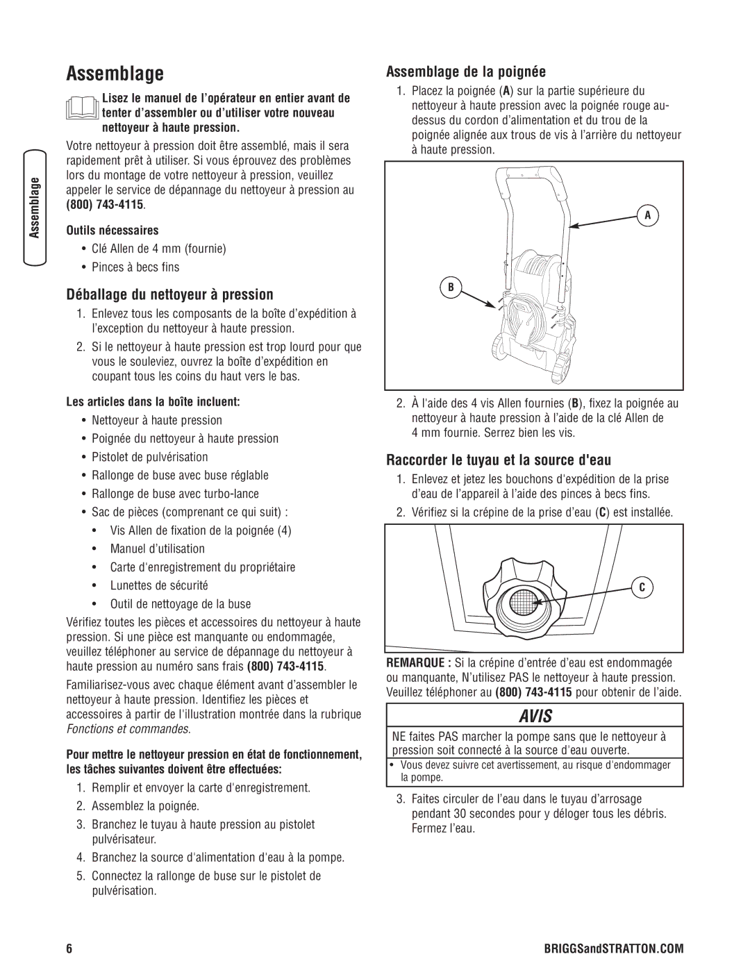 Briggs & Stratton Electric Pressure Washer manual Déballage du nettoyeur à pression, Assemblage de la poignée 