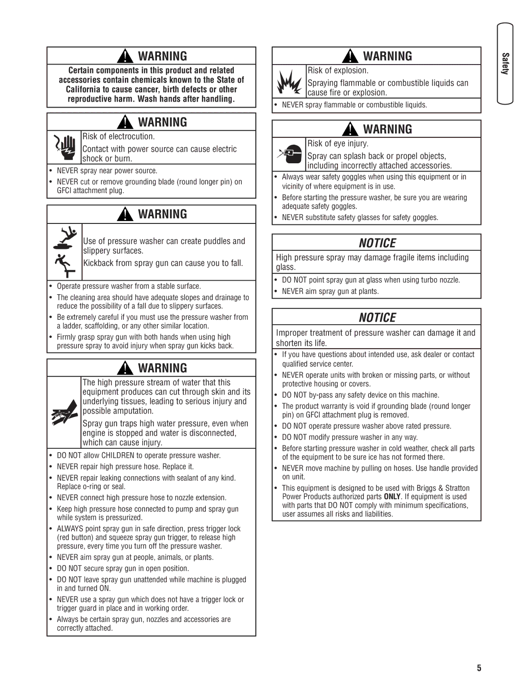 Briggs & Stratton Electric Pressure Washer manual Certain components in this product and related, Risk of eye injury 