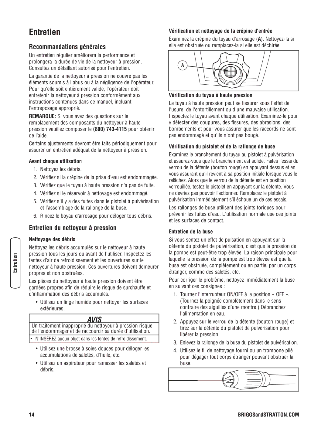 Briggs & Stratton Electric Pressure Washer manual Recommandations générales, Entretien du nettoyeur à pression 