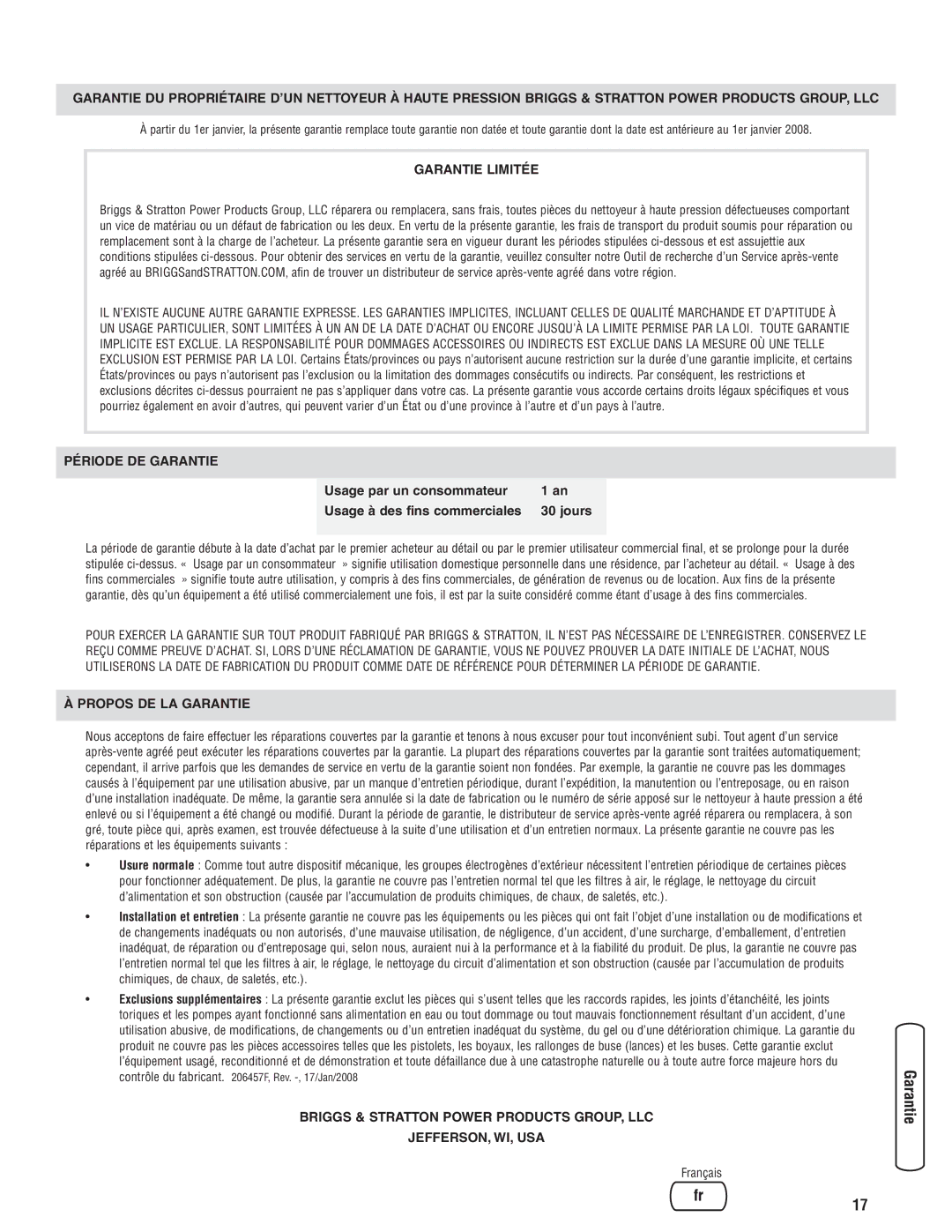 Briggs & Stratton Electric Pressure Washer manual Garantie Limitée 