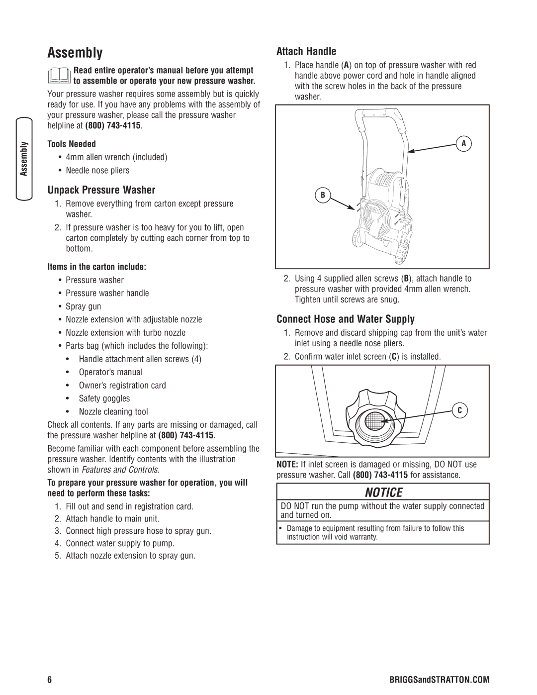 Briggs & Stratton Electric Pressure Washer Assembly, Unpack Pressure Washer, Attach Handle, Connect Hose and Water Supply 