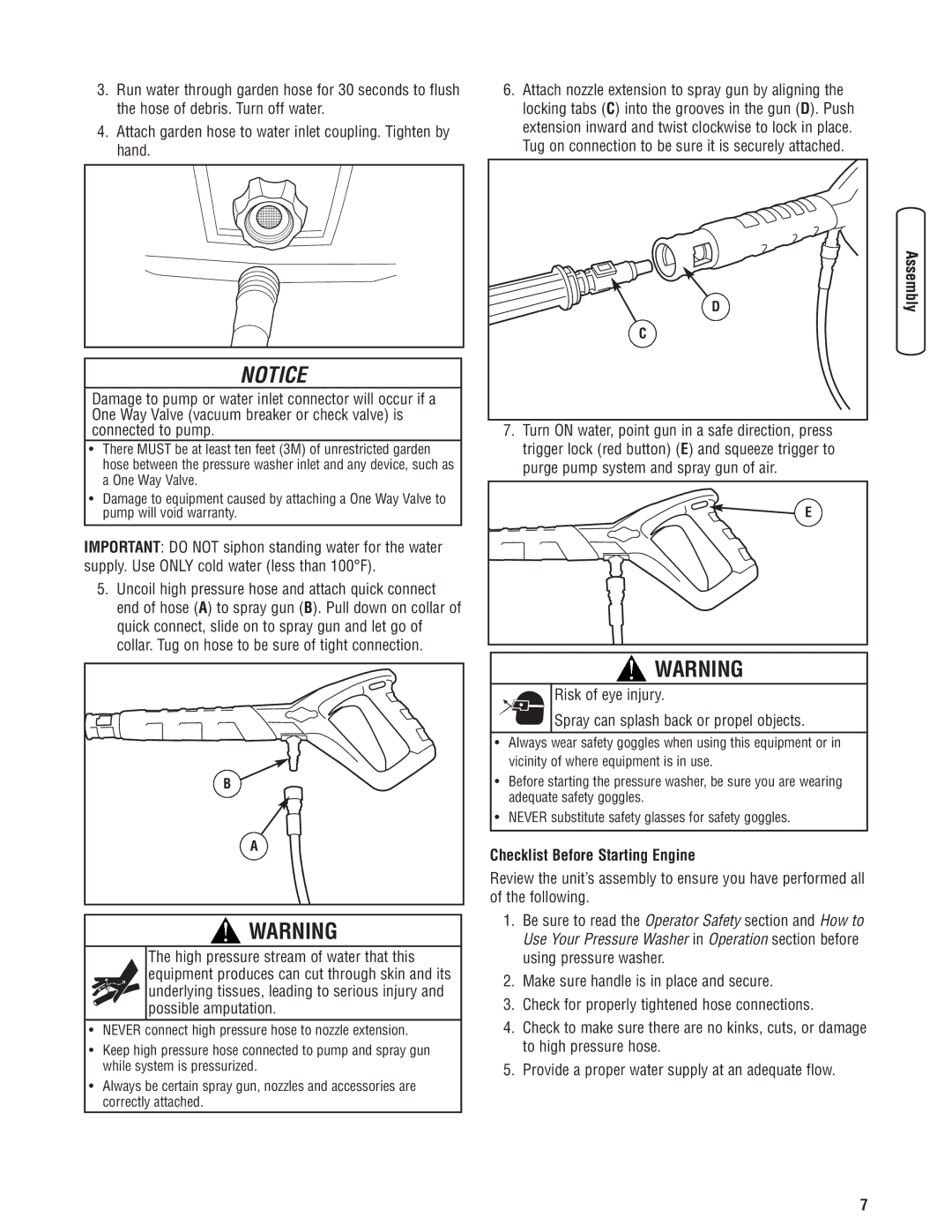 Briggs & Stratton Electric Pressure Washer manual Risk of eye injury Spray can splash back or propel objects 