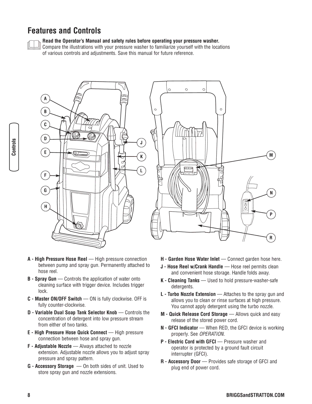 Briggs & Stratton Electric Pressure Washer manual Features and Controls, Garden Hose Water Inlet Connect garden hose here 